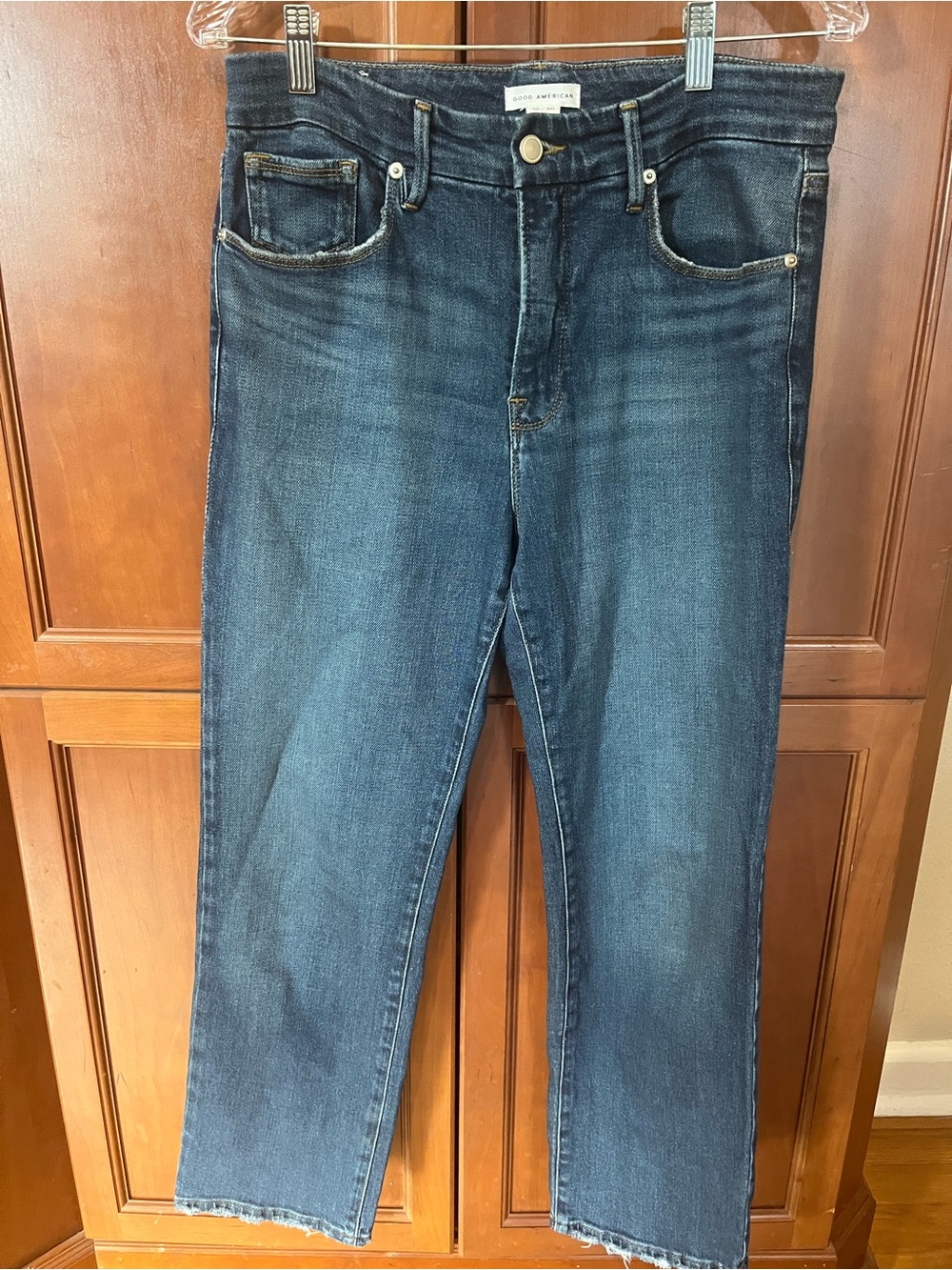 Good American Jeans Womens 10/30 Dark Wash Cropped Raw Hem Stretch Denim